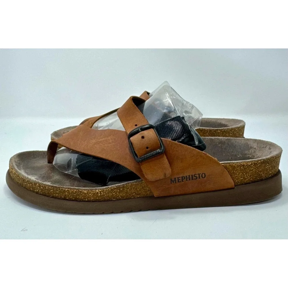 Mephisto Helen Plus Sandals Womens Size 9 EU 39 Camel Leather Wide Toe Loop Cork